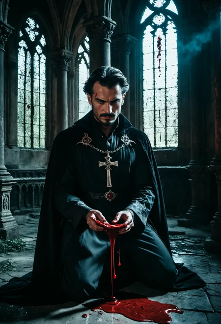cinematic film still create for me a vision of an evil magician practicing blood magic and necromancy in an ancient abandoned cathedral, Hyperrealistic art cinematic film still photography in the style of detailed hyperrealism photoshoot,RAW,color graded portra 400 film,remarkable color,realistic dull skin noise,Thorough,analog style,highest quality,skin pores,sharp focus,dappled lighting,film grain,photographed on a Sony A7R IV,18mm F/1.7 cine lens,(highly detailed, intricately detailed),8k,HDR, . shallow depth of field, vignette, highly detailed, high budget, bokeh, cinemascope, moody, epic, gorgeous, film grain, grainy