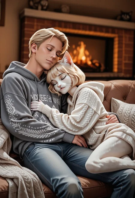 Realistic male human and female cat furry, 1girl, 1boy, duo, petite cat sexy furry with fluffy white fur, short bob-cut hair, feline ears perked up, wearing a cozy oversized sweater, human man with short blond hair in casual jeans and a hoodie, cuddling on a couch, soft blankets around them, fireplace casting a warm glow, peaceful and relaxing atmosphere, cinematic realism, high quality, close-up shot, slightly tilted angle, affectionate, tender..