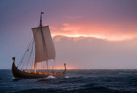 viking ship in front of the sunset, setting on the horizon, (one translucent square sail), men on board, oar, round shields on the side, (dragon head on the bow), crashing waves, rough seas, warm orange and pink hues casting a beautiful glow, cinematic lighting, ethereal atmosphere, subsurface scattering, sss, translucent, landscape, along the coastline of iceland), (smoke, volumetric fog), stormfront and (lightning in the distance:1.2), (illumination, insane, stunning, dramatic, completed artwork), perfect vivid gradient colors, a finished masterpiece of art, Masterpiece, Highly Detailed, Ultra-Detailed, Cinematic Lighting, Hdr, Sharp Focus, <lora:Viking_Ship:1>, <lora:sss:0.8>