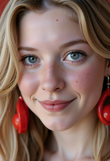 Beauty shot, A breathtaking closeup portrait of a sexy owkx woman at a simple background. She has a beautiful detailed erotic face with big erotic eyes and a cute snub nose. She perky grinning at the viewer. Beautiful long blonde hair, braid. Blush, cute freckles, lipstick, eye shadow, big kinky red plastic earrings., , , , ,