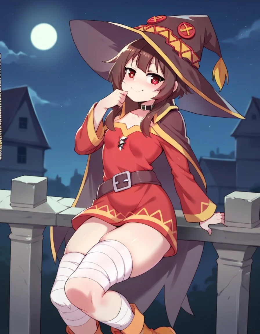 score_9, score_8_up, score_7_up, source_anime, BREAK solo, cute smile, red_eyes, megumin, small_breasts, half-closed_eyes,witch_hat,bandaged_leg,night_sky, moonlight, leaning on the balcony ,
