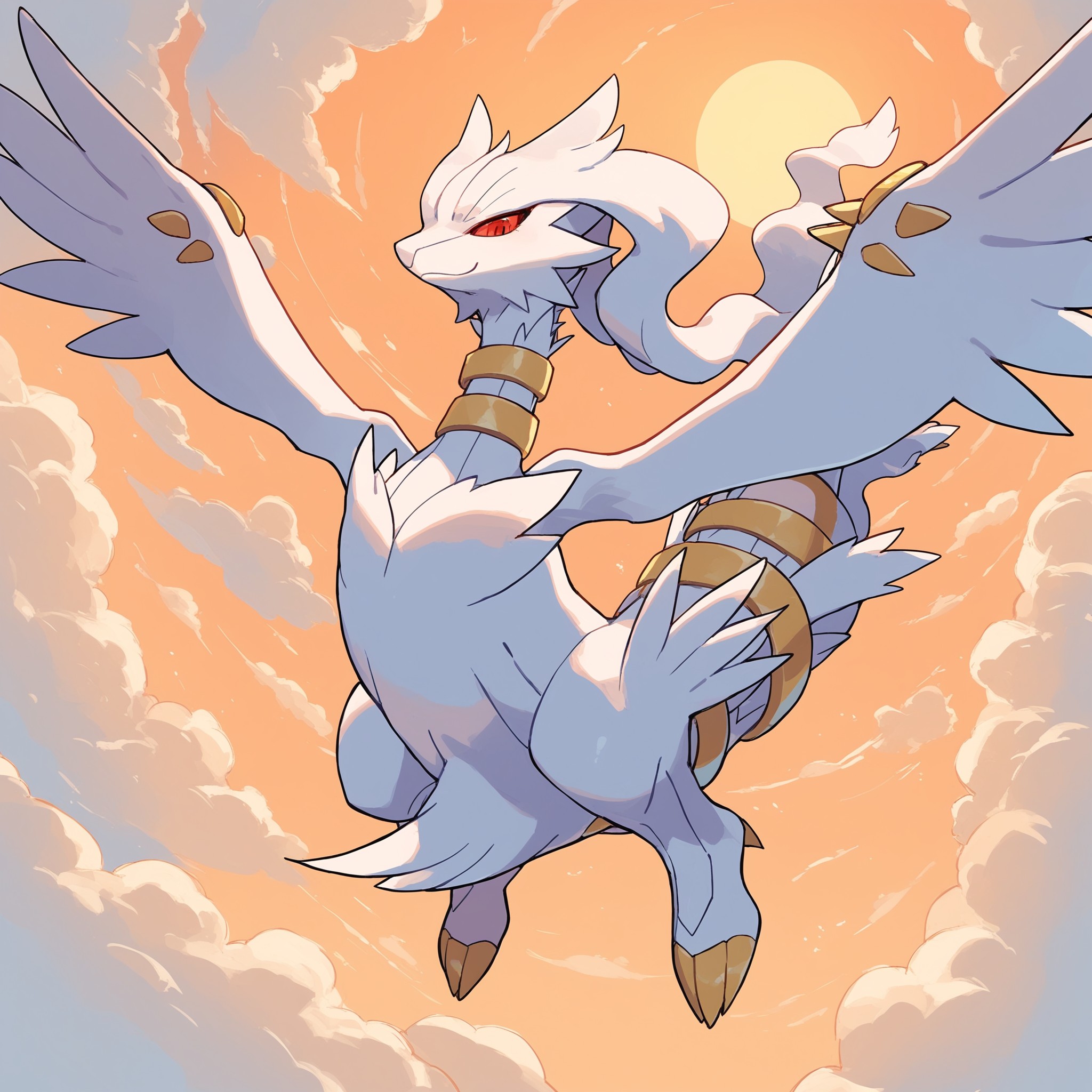 score_9, score_8_up, score_7_up, ReshiXL, solo, long hair, colored sclera, red eyes, gold chokers, pokemon \(creature\), full body, looking at viewer, Expressiveh, sunny, smile, flying, sky, clouds, dawn, orange sky, <lora:cefaa866-a58e-40ba-a219-79ab392f7d60:0.9>, <lora:a9a1f46e-c909-4e1a-b154-a52cb79406da:0.9>