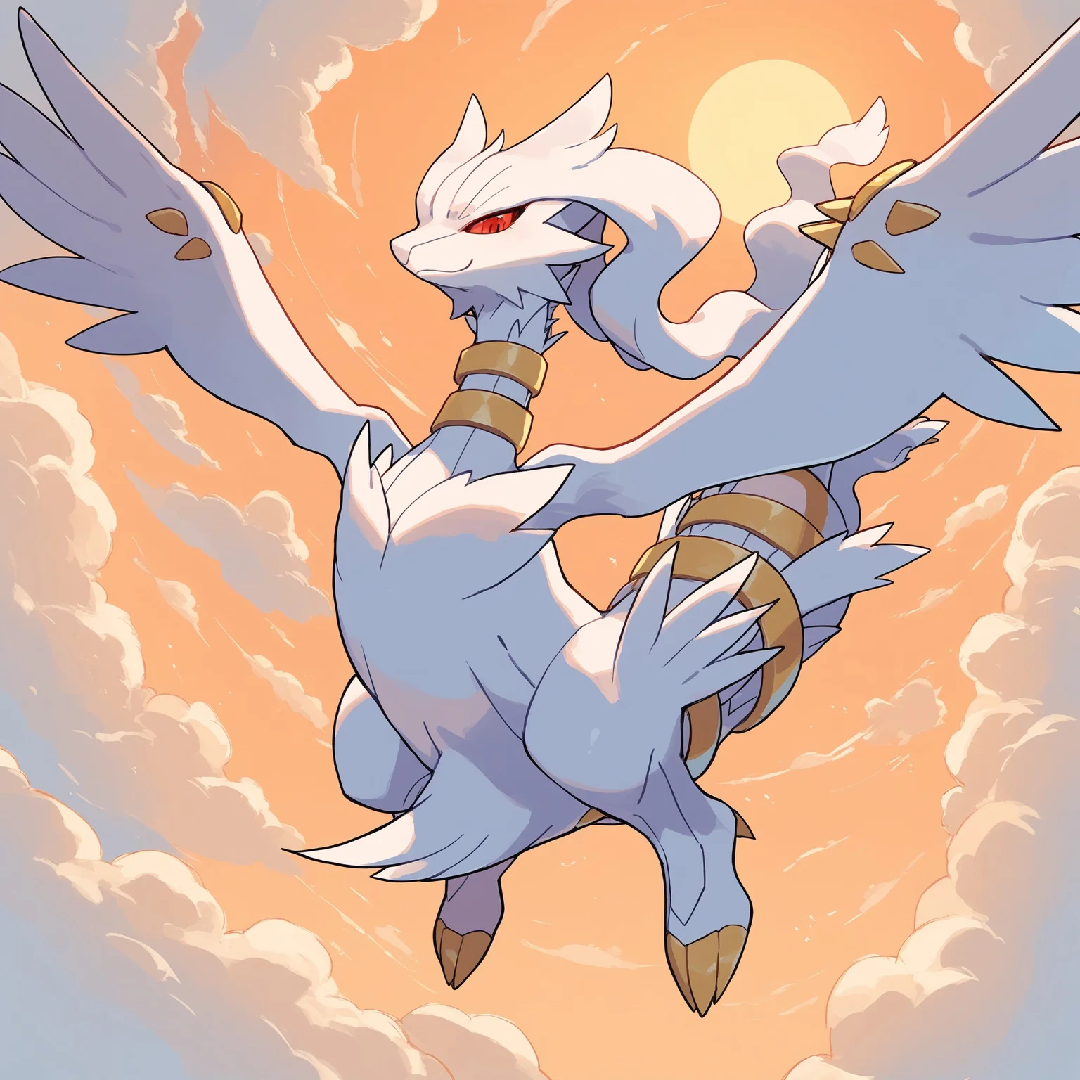 score_9, score_8_up, score_7_up, ReshiXL, solo, long hair, colored sclera, red eyes, gold chokers, pokemon \(creature\), full body, looking at viewer, Expressiveh, sunny, smile, flying, sky, clouds, dawn, orange sky, <lora:cefaa866-a58e-40ba-a219-79ab392f7d60:0.9>, <lora:a9a1f46e-c909-4e1a-b154-a52cb79406da:0.9>
