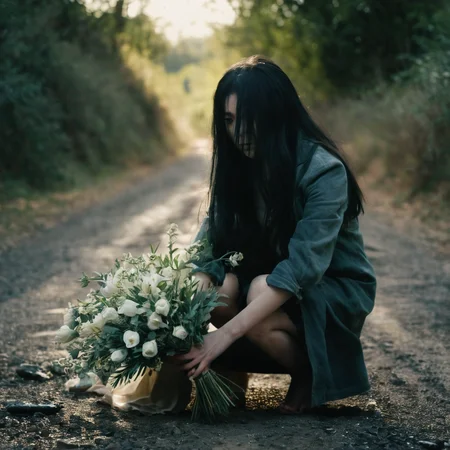 cinematic film still of <lora:Kayako Saeki Sadako Yamamura:1>
a woman kneeling on a dirt road with a bunch of flowers,1girl,solo,long hair,looking at viewer,skirt,black hair,jacket,outdoors,day,squatting,realistic,dirty,photo background,dirty feet , olive skin, supernatural, horror film, Japanese, extreme rage, sorrow, cinematic, film, movie, movie still, Ju-On The Grudge movie style, shallow depth of field, vignette, highly detailed, high budget, bokeh, cinemascope, moody, epic, gorgeous, film grain, grainy