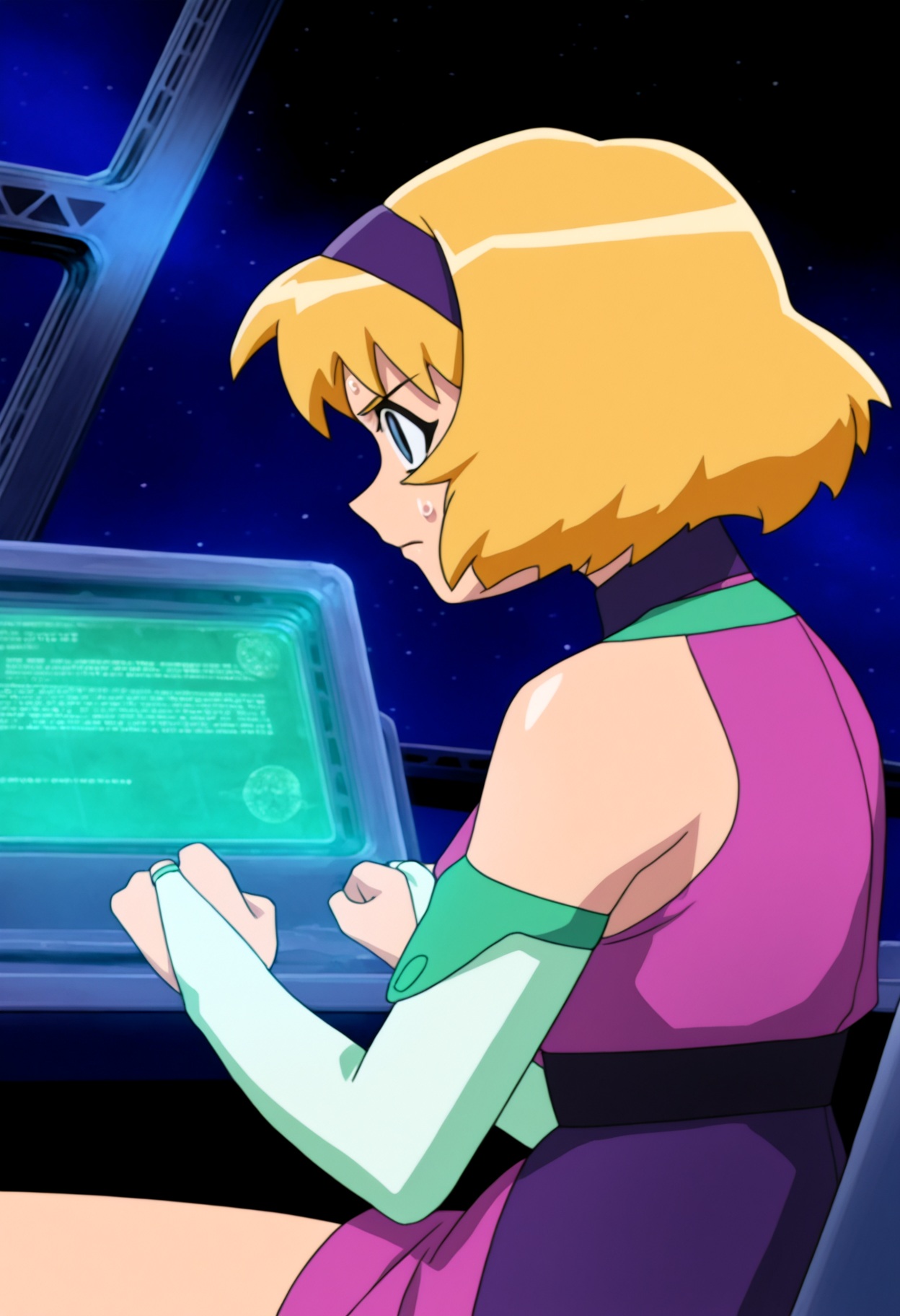 high quality, newest, hires, 
1girl, belvedere coco,blue eyes, sweatdrop, blonde hair, belvedere outfit, indoors, space, headband, bridal gauntlets, sitting, computer interface, from side, serious,