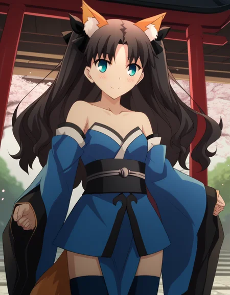 score_9, score_8_up, score_7_up, source_anime, rintohsaka, <lora:rin-tohsaka-ubw-ponyxl-lora-nochekaiser:1>, rin tohsaka, aqua eyes, black hair, hair ribbon, long hair, ribbon, sidelocks, two side up, parted bangs,, <lora:tamamo-no-mae-cosplay-ponyxl-lora-nochekaiser:1>, tamamonomaecosplay, tamamo no mae \(cosplay\), animal ears, bare shoulders, blue kimono, blue thighhighs, detached sleeves, fox ears, fox tail, japanese clothes, kimono, obi, sash, collarbone, thighhighs, wide sleeves,, shrine, smile, blush,, cowboy shot, dutch angle, solo,
