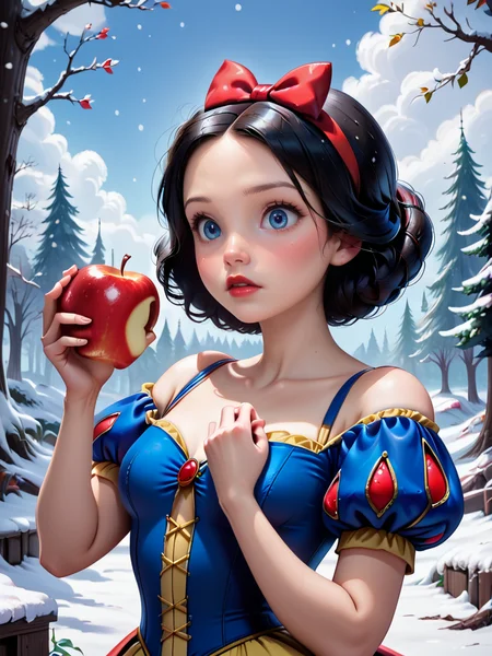 score_9, score_8_up, score_7_up, princess outfit, snow white, A woman dressed as snow white, holding an apple and looking surprised, 1girl, solo, breasts, looking at viewer, blush, short hair, black hair, hair ornament, bare shoulders, closed mouth, hair bow, outdoors, puffy sleeves, hair bun, tree, lips, blue dress, holding food, realistic, snowing, holding fruit,   
 <lora:princess_rc_pony_v2:0.8>