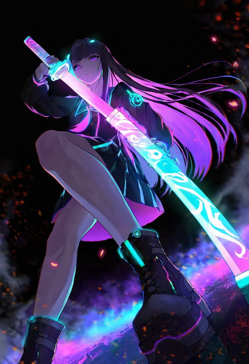 Bioluminescence translucent SmoothNoob_Quality, dynamic composition, 1girl, 1 girl Bioluminescence translucent body, hand on neon Bioluminescence translucent katana, unsheathing, Bioluminescence translucent school uniform, solo, neon Bioluminescence translucent hair, looking at viewer, bangs, purple eyes, long hair, closed mouth, embers, black background, boots, dynamic pose, dutch angle,foreshortening, twilight, glowing, ink background, abstract background, bright colors, dark, pearl theme, gray smoke, neon trim,