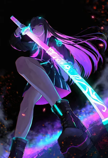 Bioluminescence translucent SmoothNoob_Quality, dynamic composition, 1girl, 1 girl Bioluminescence translucent body, hand on neon Bioluminescence translucent katana, unsheathing, Bioluminescence translucent school uniform, solo, neon Bioluminescence translucent hair, looking at viewer, bangs, purple eyes, long hair, closed mouth, embers, black background, boots, dynamic pose, dutch angle,foreshortening, twilight, glowing, ink background, abstract background, bright colors, dark, pearl theme, gray smoke, neon trim,