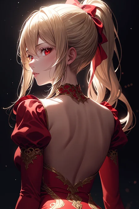 light particles, soft lighting, volumetric lighting, intricate details, finely detailed,
1girl, solo,
blonde hair, long hair, high ponytail,
red eyes, long eyelashes, thick eyelashes, looking at viewer,
red dress, ornate dress, backless dress, puffy sleeves, juliet sleeves, (long sleeves:1.2), red bow,
black background, simple background, from behind,
<lora:Add Detail:0.4>