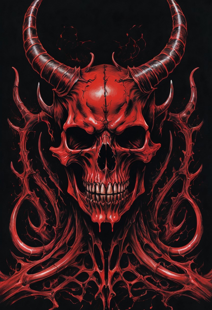 a nightmare, an evil creature, (horns, bones), detailed, high resolution, eerie, atmospheric, foreboding, linquivera, (black and red ink:1.6), dripping ink, symmetrical, black background,