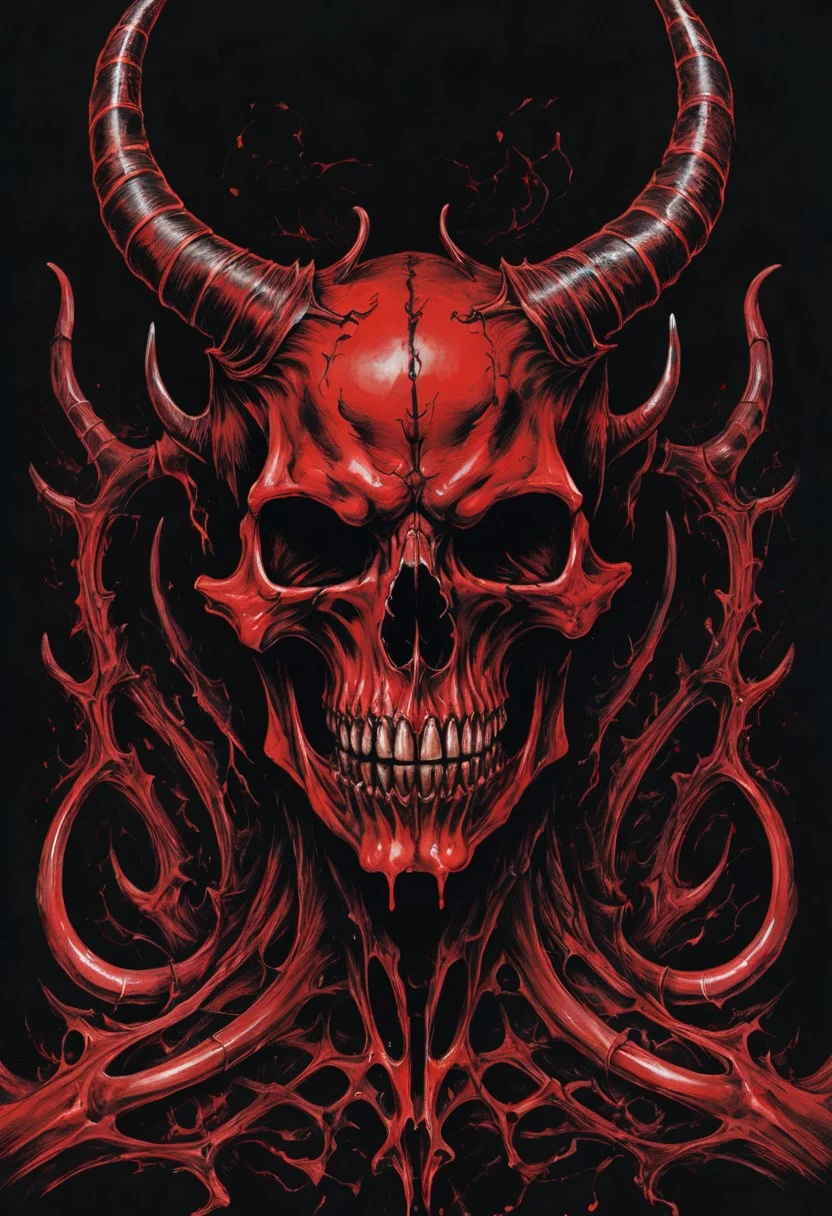 a nightmare, an evil creature, (horns, bones), detailed, high resolution, eerie, atmospheric, foreboding, linquivera, (black and red ink:1.6), dripping ink, symmetrical, black background,