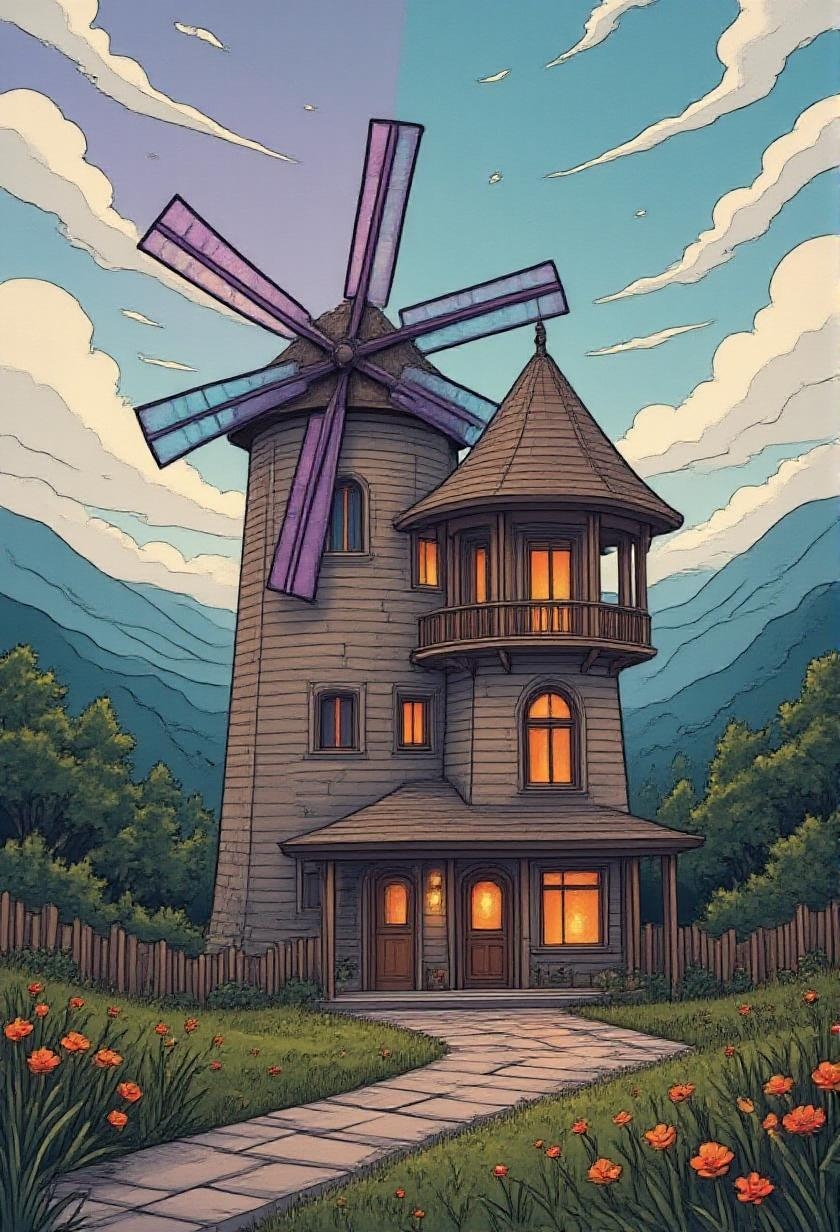 <lora:FolkCartoon.safetensors:1>
In the style of a modern prism-like design, the scene transforms into a radiant, geometrically precise masterpiece. The quaint, weathered windmill and charming wooden tower house are reimagined with sharp, clean-edged polygonal facets, tessellated in symmetrical patterns. Each surface is rendered as transparent or semi-transparent, giving the appearance of glass or crystal. Light refracts through these surfaces, creating an interplay of depth and visual interest.
The color palette shifts seamlessly from deep purples to vibrant blues, greens, and oranges, with soft, gradient transitions that evoke the refractive effects of light through a prism. The windmill's blades and the tower house’s wooden beams are highlighted with glowing, radiant colors, particularly in the areas where light sources inside the structures emit a warm, inviting glow.
Surrounded by a soft, warm interior lighting, the scene contrasts against the cool, desaturated tones of the misty mountains and lush greenery in the background. The environment is minimalistic, with subtle naturalistic textures that provide a serene, futuristic aura. The misty mountains and lush greenery are rendered in muted, soft-hued grays and greens, enhancing the calm, inviting atmosphere of the scene.
This harmonious blend of structure, light, and color creates a tranquil, otherworldly setting that transports the viewer to a peaceful, futuristic countryside. The intricate geometry and radiant colors of the windmill and tower house are the focal points, making the scene perfect as a digital wallpaper, art piece, or wall print.