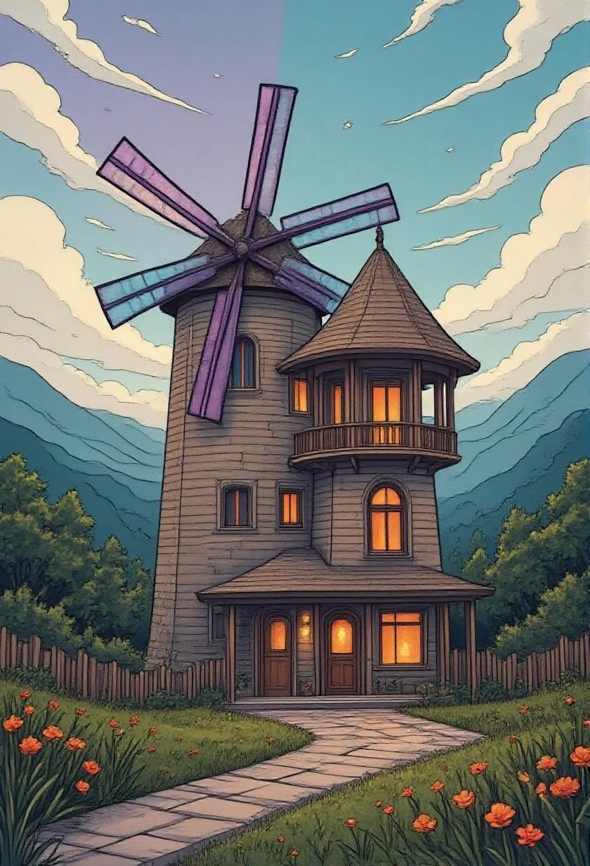 <lora:FolkCartoon.safetensors:1>
In the style of a modern prism-like design, the scene transforms into a radiant, geometrically precise masterpiece. The quaint, weathered windmill and charming wooden tower house are reimagined with sharp, clean-edged polygonal facets, tessellated in symmetrical patterns. Each surface is rendered as transparent or semi-transparent, giving the appearance of glass or crystal. Light refracts through these surfaces, creating an interplay of depth and visual interest.
The color palette shifts seamlessly from deep purples to vibrant blues, greens, and oranges, with soft, gradient transitions that evoke the refractive effects of light through a prism. The windmill's blades and the tower house’s wooden beams are highlighted with glowing, radiant colors, particularly in the areas where light sources inside the structures emit a warm, inviting glow.
Surrounded by a soft, warm interior lighting, the scene contrasts against the cool, desaturated tones of the misty mountains and lush greenery in the background. The environment is minimalistic, with subtle naturalistic textures that provide a serene, futuristic aura. The misty mountains and lush greenery are rendered in muted, soft-hued grays and greens, enhancing the calm, inviting atmosphere of the scene.
This harmonious blend of structure, light, and color creates a tranquil, otherworldly setting that transports the viewer to a peaceful, futuristic countryside. The intricate geometry and radiant colors of the windmill and tower house are the focal points, making the scene perfect as a digital wallpaper, art piece, or wall print.