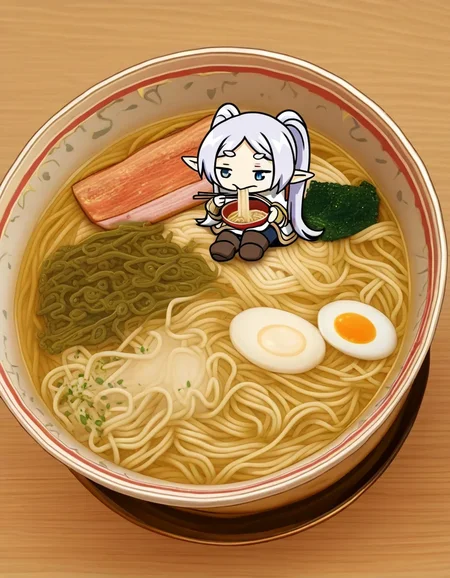<lora:stable_dark_nbep10_v0.3:0.2><lora:noobai_ep11_stabilizer_v0.205_fp16:0.9>Delicious bowl of steamy ramen,egg,thick cuts of meat,veggies,noodles,salty broth,frieren,mini person,chibi,sitting,eating,