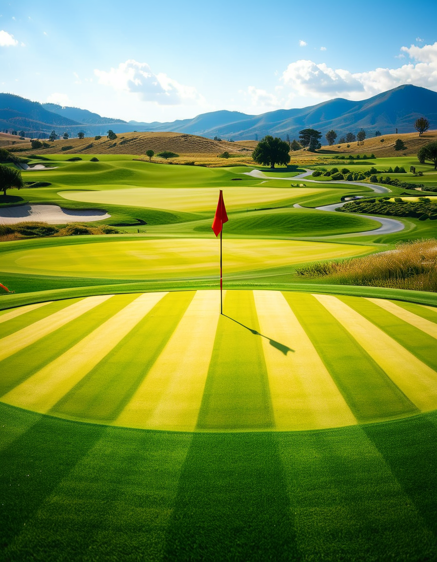A stunning golf course captured in a high-resolution photograph, bathed in warm sunlight during the golden hour. The vast landscape features lush, perfectly manicured green fairways stretching into the distance, surrounded by rolling hills and scattered sand bunkers with smooth, raked surfaces. A crystal-clear water hazard reflects the sky, adding depth to the scenery. In the foreground, a pristine white golf ball rests on the neatly trimmed grass near a wooden tee marker. A red flag flutters gently atop a flagstick, marking the hole on the undulating green. Tall palm trees or majestic pines line the course, casting long shadows. The background showcases a breathtaking view of distant mountains or a serene blue ocean, enhancing the sense of tranquility and luxury. The sky is a brilliant shade of blue with soft, wispy clouds. The overall composition exudes elegance, precision, and the beauty of nature, capturing the essence of a world-class golf course.
<lora:SDXLFaeTastic2400:0.4> <lora:extremely_detailed:0.4> extremely detailed,<lora:golf_course:1>,golf c0urs3, Masterpiece,best quality,hi res,8k,hi res,8k,award winning,(sharp focus, intricate, highly detailed),