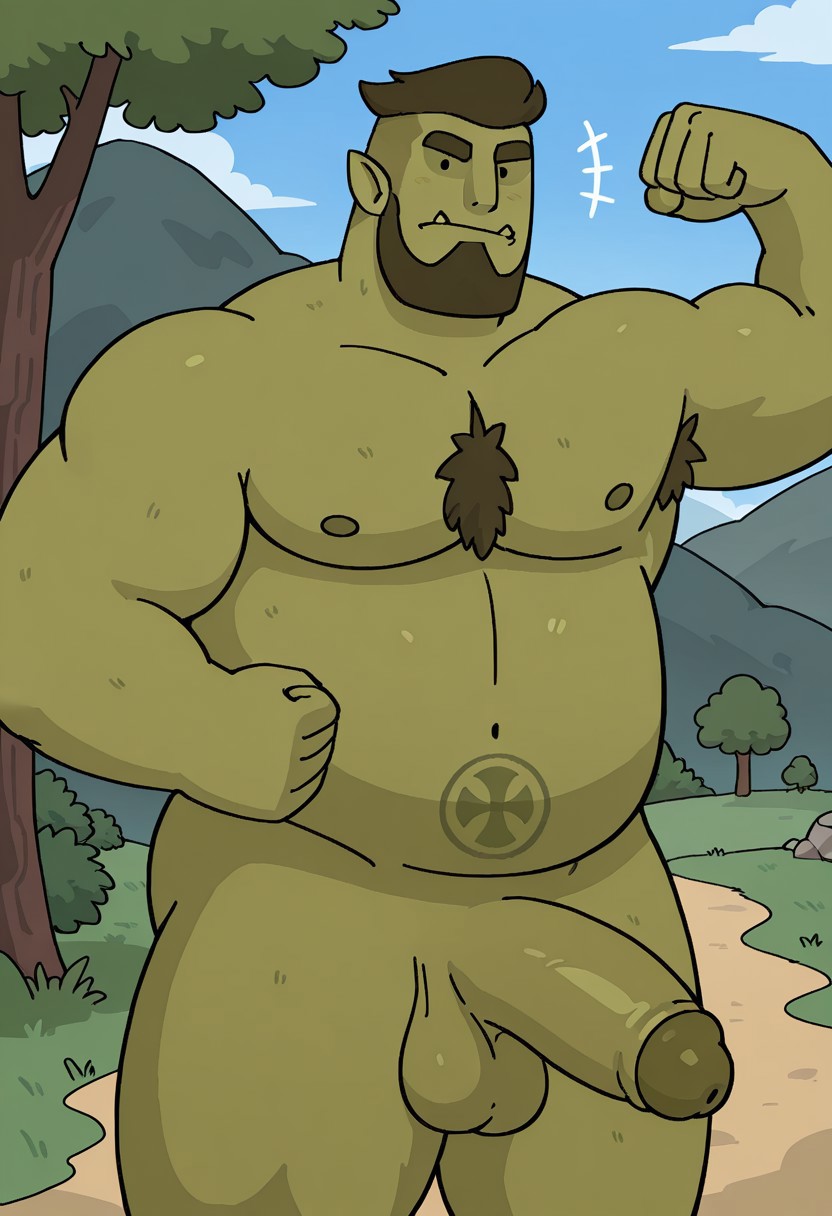 detailed background, masterpiece, best quality, amazing quality, detailed, newest, very aesthetic, RuliusRMA, orc, pectorals, chubby, fat, plump, facial hair, beard,1boy, bara, solo, male focus, black dot eyes, green skin, tusks, outdoors background, looking at viewer, nude, girthy penis, erect, balls, flexing one arm, daddy seductive smirk
