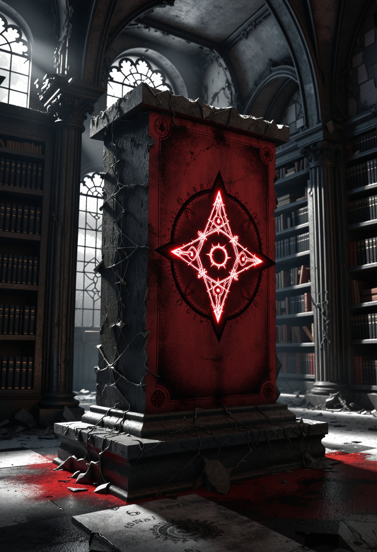 Concept artwork portraying an occult crystalline slab illustrating an occult alchemical formula embedded into its intricate surface resting on a cracked pedestal. Inside of a dilapidated library, underlined by the nightmarish atmosphere further enhanced by foreboding light; selective color theme black, white, crimson}, eyecandy, perfect lighting, volumetric lighting   <lora:dmd2_sdxl_4step_lora>