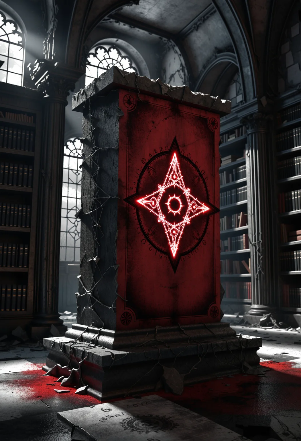Concept artwork portraying an occult crystalline slab illustrating an occult alchemical formula embedded into its intricate surface resting on a cracked pedestal. Inside of a dilapidated library, underlined by the nightmarish atmosphere further enhanced by foreboding light; selective color theme black, white, crimson}, eyecandy, perfect lighting, volumetric lighting <lora:dmd2_sdxl_4step_lora>
