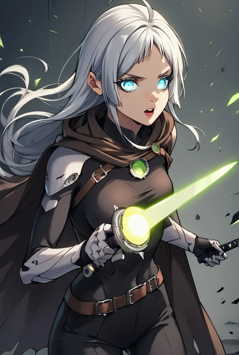 score_9, score_8_up, score_7_up, score_6_up,  <lora:Demonic_Evolution_6_Character_PONT_XL_by_UOC:1>, situliu, situ_liu, situ liu, DemonicEvolution, 1girl, solo,  
long hair, looking at viewer, open mouth, bangs, blue eyes, holding, weapon, ahoge, white hair, grey hair, pants, sword, cape, holding weapon, glowing, holding sword, black pants, glowing eyes, animification, glowing weapon