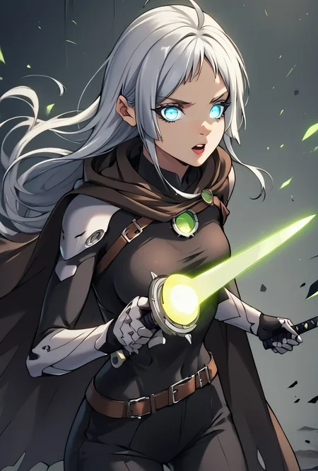 score_9, score_8_up, score_7_up, score_6_up,  <lora:Demonic_Evolution_6_Character_PONT_XL_by_UOC:1>, situliu, situ_liu, situ liu, DemonicEvolution, 1girl, solo,  
long hair, looking at viewer, open mouth, bangs, blue eyes, holding, weapon, ahoge, white hair, grey hair, pants, sword, cape, holding weapon, glowing, holding sword, black pants, glowing eyes, animification, glowing weapon