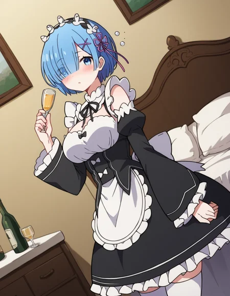 score_9, score_8_up, score_7_up, source_anime, <lora:rezero-rem-s1-ponyxl-lora-nochekaiser:1>, rem, blue eyes, blue hair, hair ornament, hair over one eye, hair ribbon, short hair, x hair ornament, large breasts,, apron, black bow, black dress, black ribbon, bow, detached sleeves, dress, frilled apron, frilled sleeves, frills, juliet sleeves, long sleeves, maid, neck ribbon, puffy sleeves, ribbon, roswaal mansion maid uniform, thighhighs, two-tone dress, waist apron, white bow, white dress, white thighhighs,, indoors, bed, bed room, on side, blush, drunk, looking at viewer, solo,, cowboy shot, dutch angle