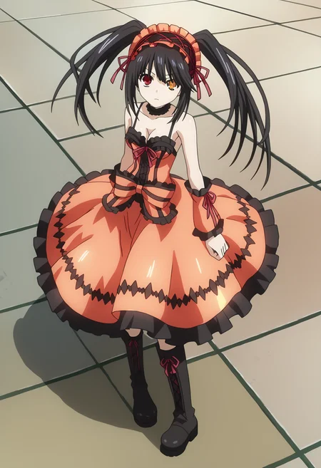 score_9, score_8_up, score_7_up, source_anime, raiting_explicit,
BREAK
<lora:shiabovepoV1:1>, shipovup, from above, full body,
1girl, solo, anime screencap, anime coloring,
<lora:shiKurumiV2:1> kurdef, long hair, black hair, twintails, red eyes, yellow eyes, clock eyes, heterochromia, hairband, bare shoulders, detached sleeves, choker, red dress, cleavage, bow, black thighhighs, lace-up boots,
looking at viewer, looking up, head back,