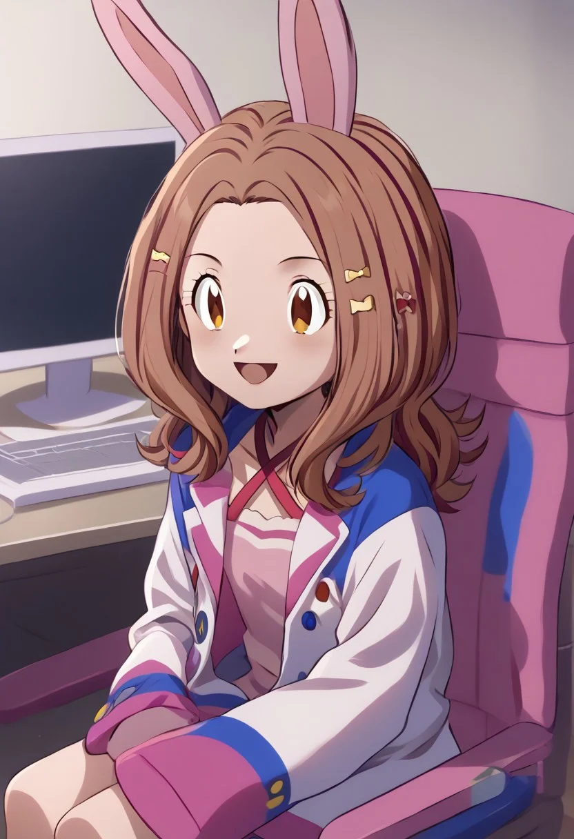 digimon adventure 02, mimi tachikawa, 1girl, solo, brown hair, brown eyes, forehead, hair ornament, hair bow, white jacket, multicolored jacket, sleeves past wrists, criss-cross halter, indoors, room, sitting, chair, computer, smile, open mouth, pink bunny ears