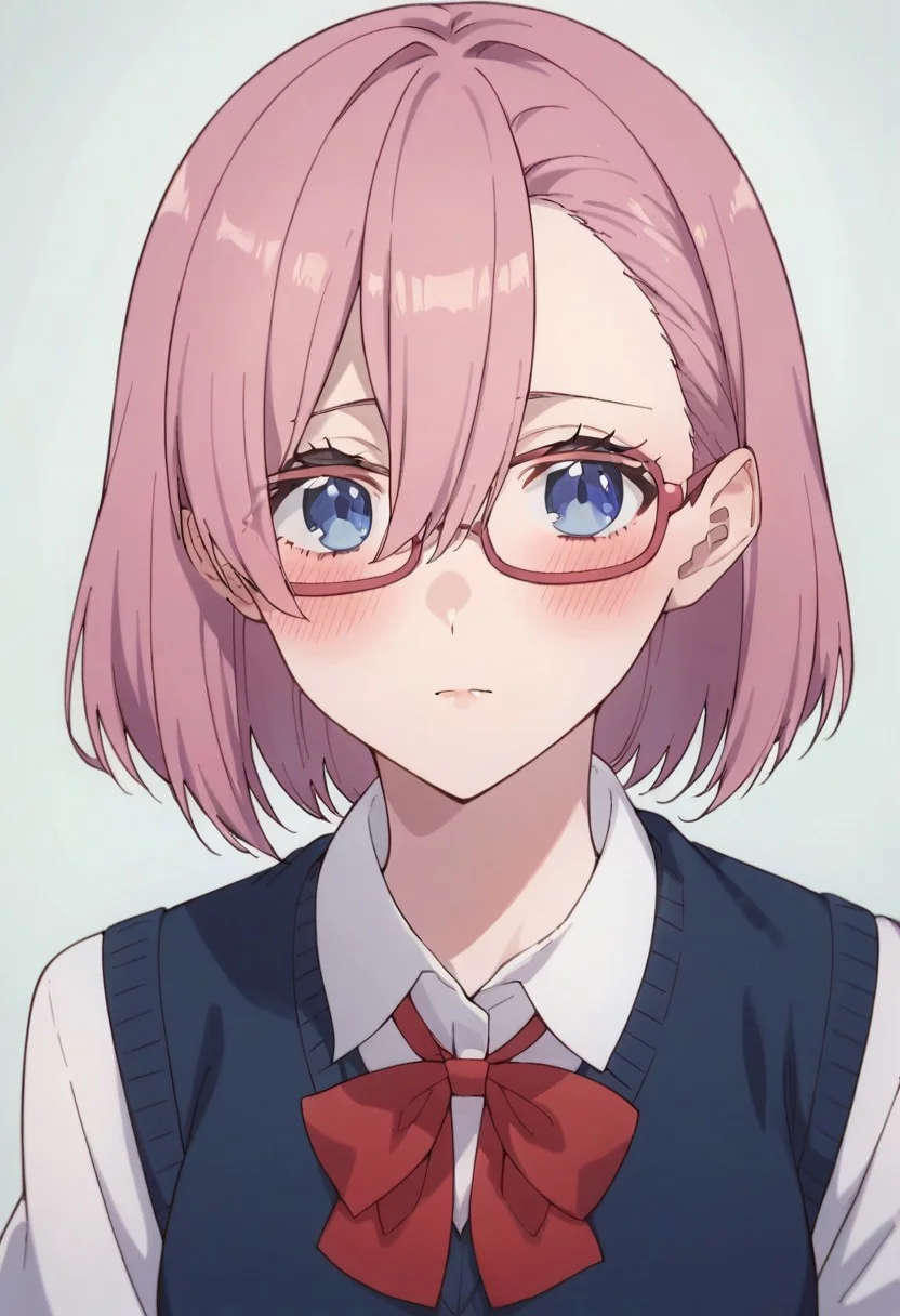 score_9, score_8_up, score_7_up, source_anime,lilysa amano, 1girl, solo, blush, glasses, blue eyes, school uniform, short hair, looking at viewer, hair between eyes, semi-rimless eyewear, pink hair