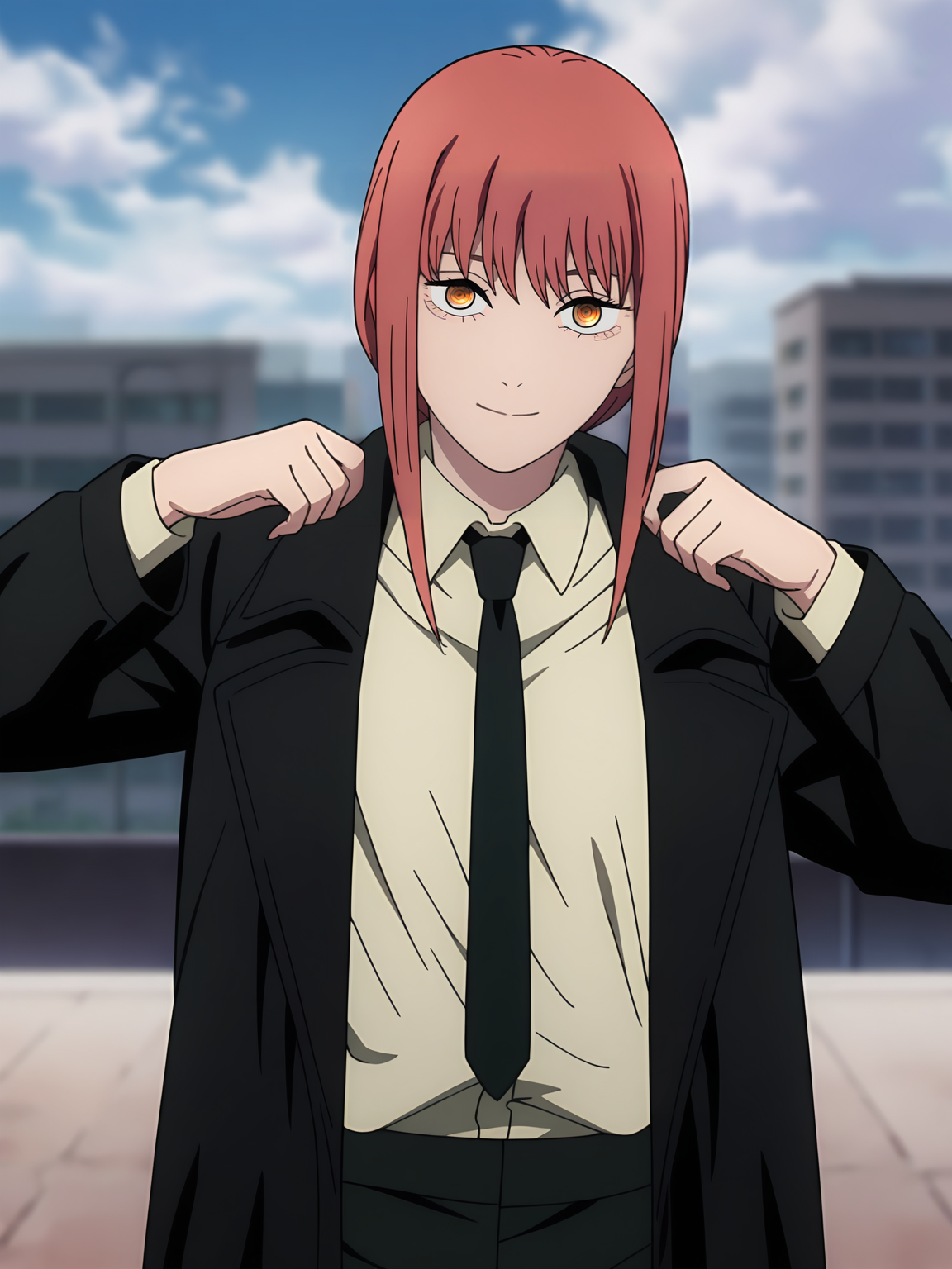 <lora:Makima:0.8>, makima (chainsaw man), 1girl, solo, yellow eyes, red hair, braided ponytail, sidelocks, shirt tucked in, black necktie, black pants, trench coat, light smile, closed mouth, looking at viewer, standing, open clothes, adjusting clothes, hands up, upper body, outdoors, blurry background, city, building, sky, cloud, day
