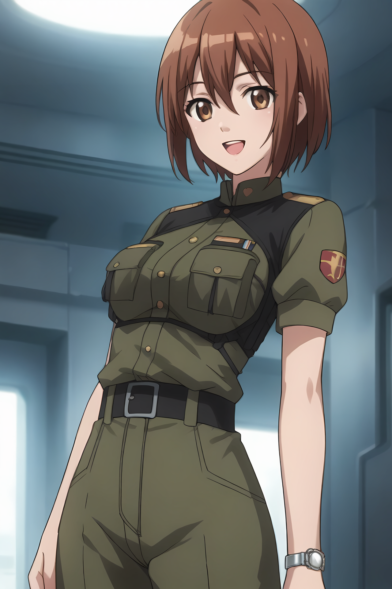 (military uniform:1.50), cpc-manami, short hair, brown hair, hair between eyes, brown eyes, wristwatch, 
medium breasts,
1girl, solo, skinny, (source_anime, score_9, score_8_up, score_8, score_7_up), score_7, score_6_up, score_6, score_5_up, score_5, 
(happy:1.40),
(spaceship:1.10),
(straight-on:1.40), (:1.40),
<lora:cpc-manami-V04-000005:0.70>