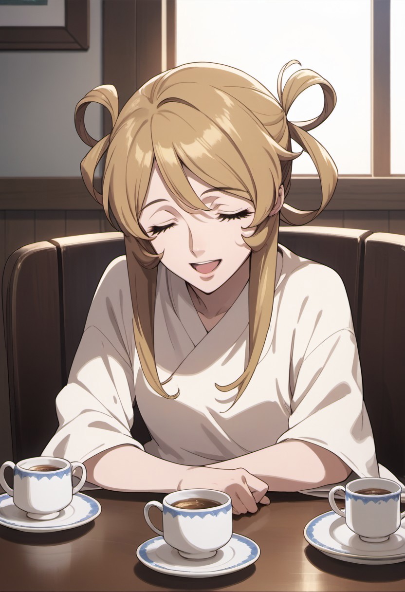 score_9, score_8_up, score_7_up, source_anime, mori yuki, dirty-blonde hair, long hair,  1girl, closed eyes, solo, cup, open mouth, smile, teacup, sitting, indoors, hair rings, table, shirt