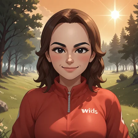score_9, score_8, BREAK, solo, wii, mii, wii sports, 1girl, female mii, brown hair, black eyebrows, black eyes, blush, red clothing, white pants, shoes, breasts, nintendo mii, modern_mii, classic_mii, Maria_(Wii_Sports), cute, sexy pose, self portrait, smile, outdoors, sunlight, shadows, evening lighting, natural lighting, forest, trees, grass, orange sky, sunset
