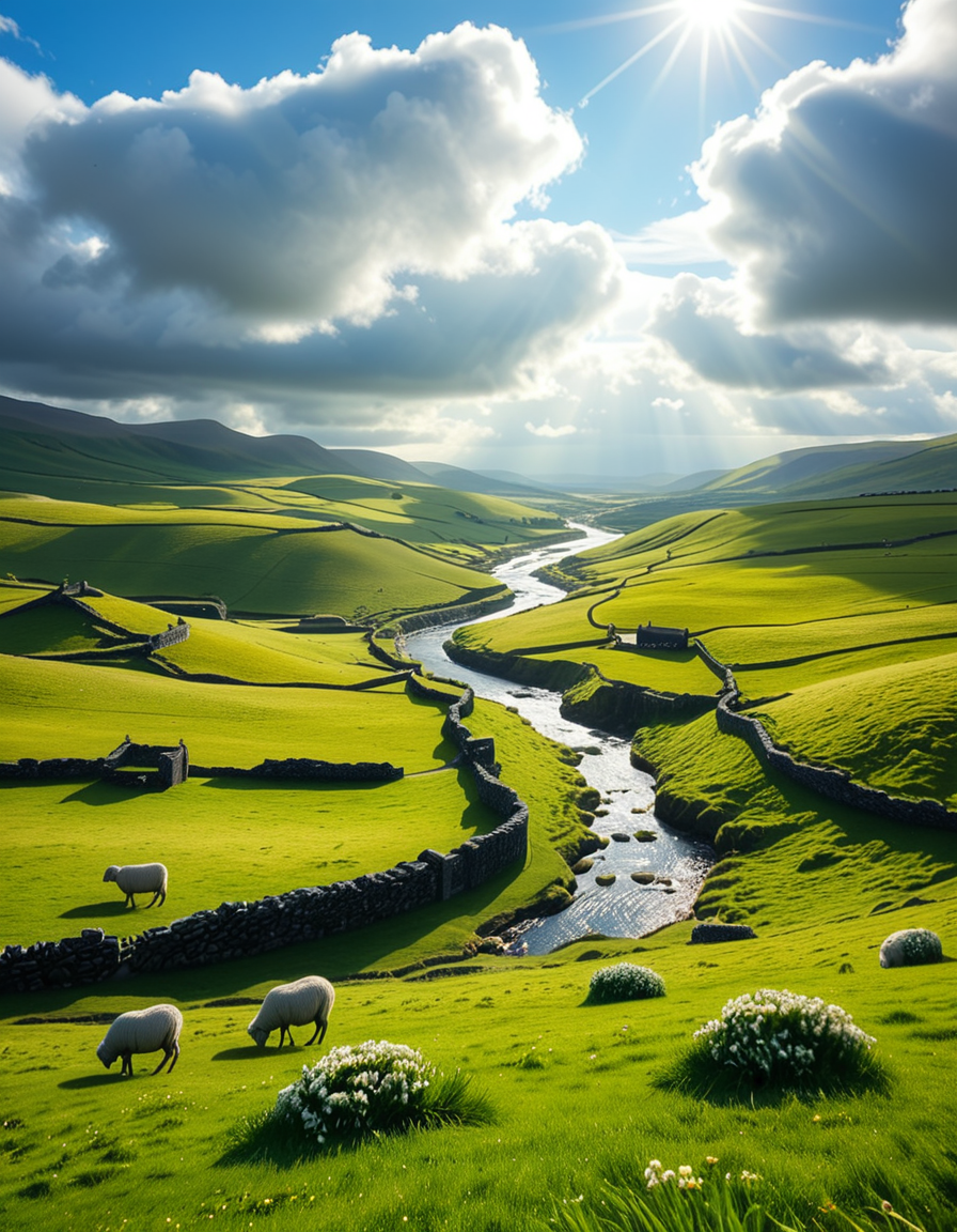 A breathtaking, high-resolution photograph of the rolling plains of Ireland, stretching endlessly under a vast, cloud-streaked sky. The landscape is a lush, vibrant green, with gentle hills covered in soft grass and dotted with scattered wildflowers. Ancient stone walls and winding dirt paths cut through the fields, marking old farmland boundaries. In the distance, a few solitary sheep graze peacefully, their white wool contrasting against the emerald grass. A small, clear river meanders through the valley, reflecting the soft light of the sky. The horizon is framed by low, misty mountains, adding depth and mystery to the scene. Above, the sky is a mix of bright blue and fluffy white clouds, casting dynamic shadows across the landscape as beams of sunlight break through. The atmosphere is serene, timeless, and rich with the natural beauty of the Irish countryside.
<lora:SDXLFaeTastic2400:0.4> <lora:extremely_detailed:0.4> extremely detailed, <lora:rolling_plains_of_1r3l4nd:1>,rolling plains of 1r3l4nd, Masterpiece,best quality,hi res,8k,hi res,8k,award winning,(sharp focus, intricate, highly detailed),