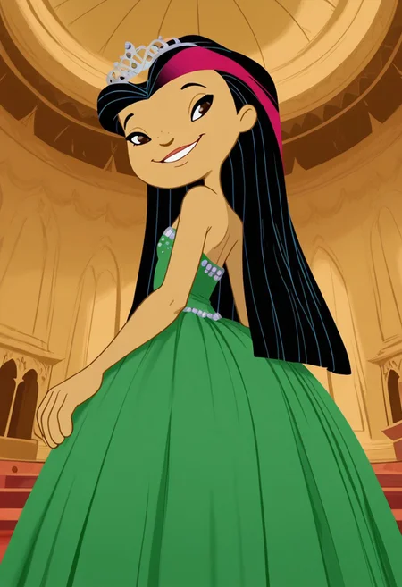 masterpiece, best quality, amazing quality, very aesthetic, absurdres, newest, solo,Juniper_LeeZYN, 1girl, solo, brown eyes, black hair, two-tone hair, multicolored hair, long hair, Very large green sleeveless floor length gown, ball gown, rhinestones. She is also wearing a tiara, hoop skirt, dome shape skirt, quinceanera, prom, pageant, CrinolineDress, Gown, cowboy shot, looking at viewer, beautiful, ((beautiful face, beautiful eyes)), Wide Hips, Big thighs, standing,(smile, indoors, elegant room, looking_at_back, solo, full_body, head tilt,),from direct beiow,(((from below:1.5))), ass focus,bend down