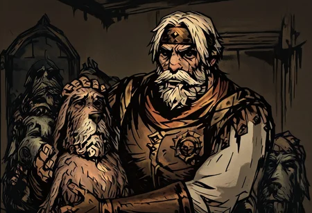 masterpiece, best quality, newest, absurdres, highres,  solo, solo focus, TTCSV1.0, DDstyle, official style, DD2Style-IL.V1.0
1boy, DDHM-V1.0, beard, facial hair, leather armor, dog, hound, mustache, headband, hugg, hugging, hugging dog, hugging pet, hugging animals