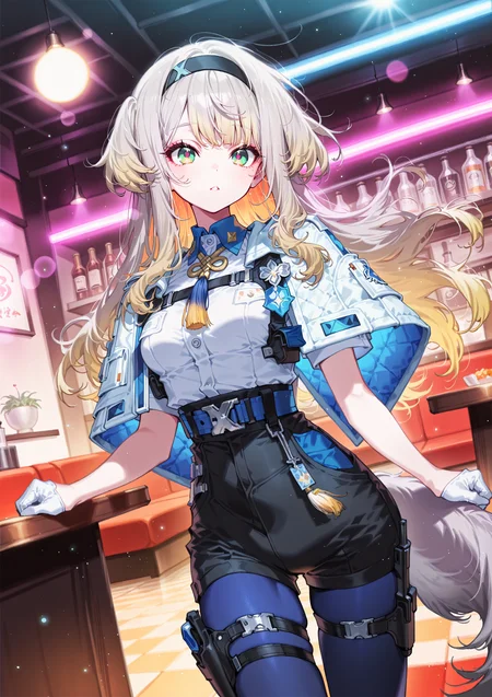 zPDXL3 Real score_9, score_8_up, score_7_up, score_6_up source_anime, highly detailed, sharp, intricate details, rating_safe rating_sensitive, rating_explicit, masterpiece, best quality, good quality, bright eyes light particles lens flare amazing quality, very aesthetic, very awa, absurdres, newest,
<lora:yoneyamaiXLNBVP1lokrV6311PZ:0.5>, 
<lora:ill-xl-01-deyui_1:0.5>
<lora:nhl-001:0.4> nhl-001 film grain multicolored background  <lora:ponyv4_noob1_2_adamW:0.4>
medium breasts, dynamic pose, dynamic angle,
optical illusion, ssambatea, quasarcake, Fishine, arutera, soresaki, reoen, sanbonzakura, askzy, negative space, see-through, made of, neon light, detailed background,
indoors, China restaurant,
niji-ruri, green eyes,multicolored eyes,gray hair,blonde hair,multicolored hair,gradient hair,dog tail,gray tail,long hair,sidelocks,black hairband,
niji-ruricos1,white shirt,short sleeves,blue neck tassel,harness,blue belt,holster,bottom belt,hip holster,high-waist shorts,tight shorts,black shorts,white gloves,half gloves,blue pantyhose,pantyhose under shorts,thigh strap,
poncho jacket,white capelet,
 <lora:niji-ruri:0.7>