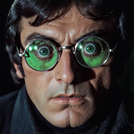 <lora:70sHorrorMovie2SDXL:1> ArsMovieStill, movie still from a 1970s horror movie, The image is a close-up portrait of a man's face. He is wearing round silver-framed glasses with green lenses. His eyes are wide open and his eyebrows are furrowed. He has a serious expression on his face and his mouth is slightly open as if he is looking directly at the camera. The background is dark and out of focus making the man's eyes the focal point of the image. The lighting is dim creating a dramatic and eerie atmosphere., solo, 1boy, male focus, glasses, portrait, close-up, looking at viewer, realistic, black hair, eye focus
