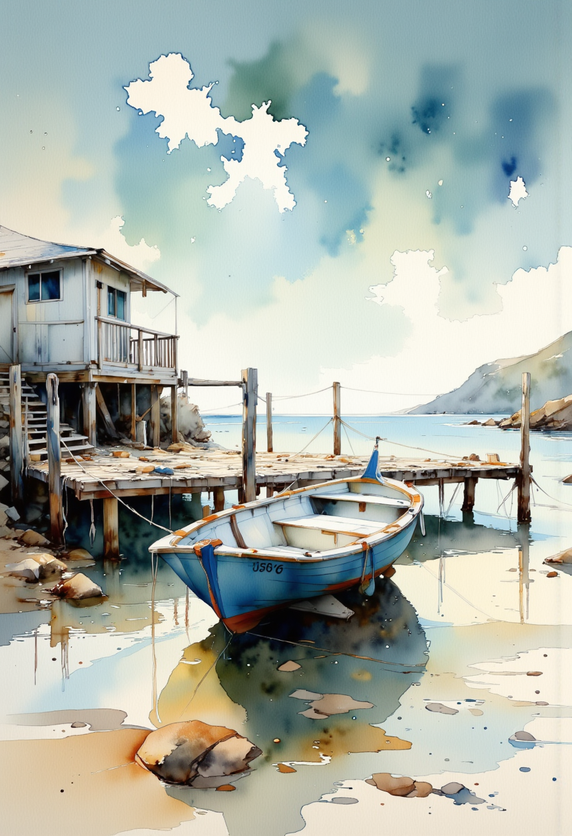 A watercolor painting of a small boat on a beach. The boat is blue and white in color and is anchored at a wooden pier. The pier is made of wooden planks and is surrounded by rocks and pebbles. On the left side of the image, there is a small white building with a sloping roof and stairs leading up to it. In the background, there are other boats on the water and a rocky shoreline. The sky is blue with white clouds and the water is a deep blue-green color. The painting has a soft, dreamy quality to it, with the colors blending together to create a sense of depth and texture.