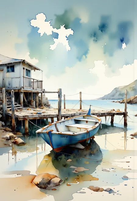 A watercolor painting of a small boat on a beach. The boat is blue and white in color and is anchored at a wooden pier. The pier is made of wooden planks and is surrounded by rocks and pebbles. On the left side of the image, there is a small white building with a sloping roof and stairs leading up to it. In the background, there are other boats on the water and a rocky shoreline. The sky is blue with white clouds and the water is a deep blue-green color. The painting has a soft, dreamy quality to it, with the colors blending together to create a sense of depth and texture.