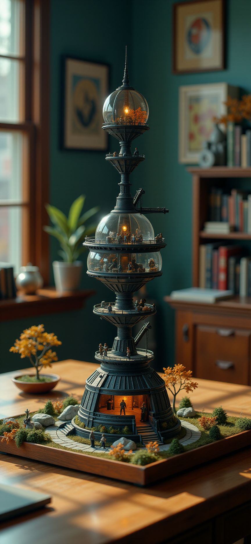 (indoors,indoor,isometric view,side view,tilt-shift lens:2), (fna_style,miniature,miniature,diorama,miniature,diorama,PVC,plastic:2),starry night,autumn giant (multi layers of space ship  maintenance bay  sphere vertical:2.5) is located center, people, (in wooden square plate:3) (on table at study:3) <lora:Fantasy_Novel_Art_Style:1> <lora:Rostpunk:0.3>