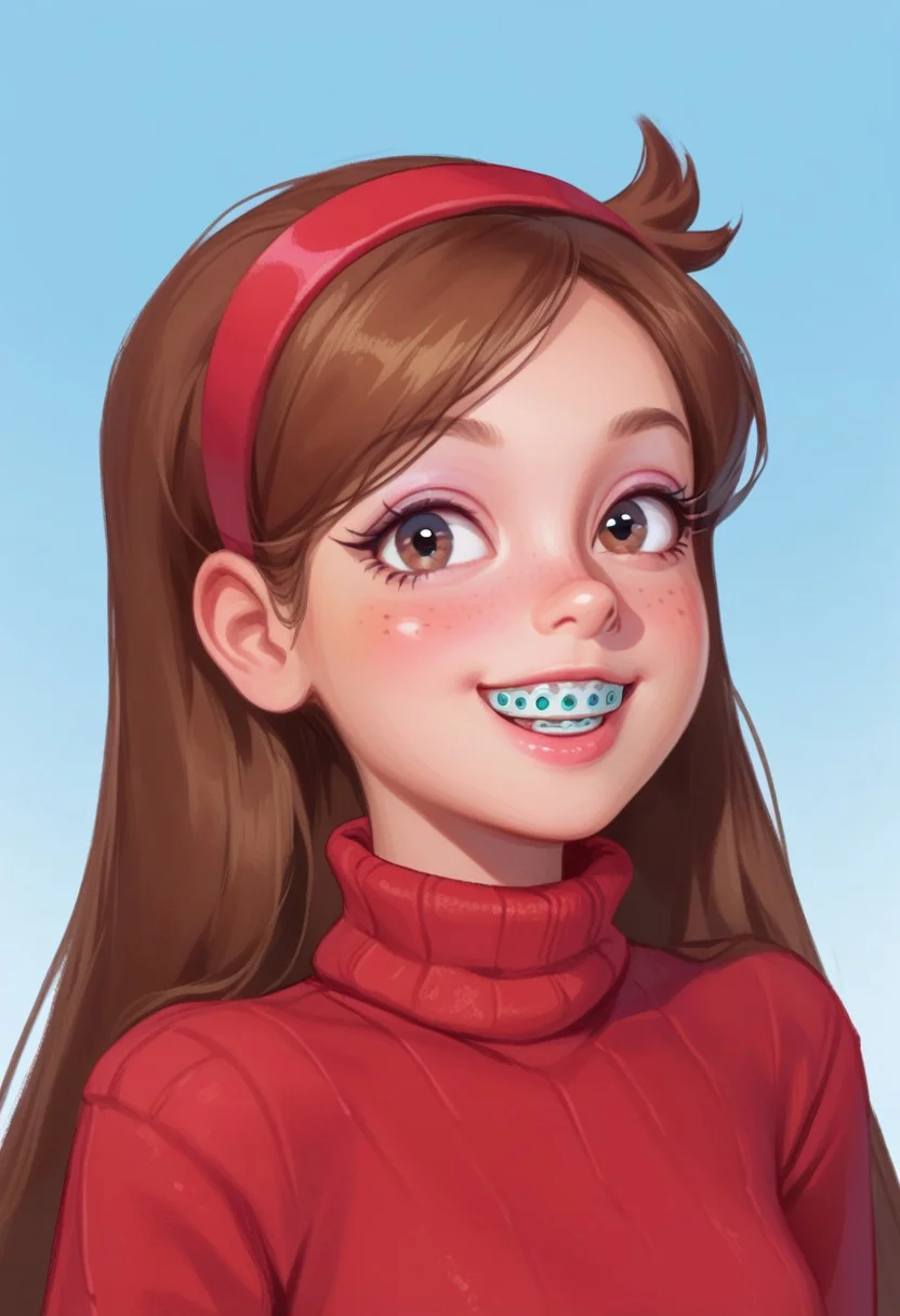 score_9,score_8_up,score_7_up, 24yo, mabel_pines, gravity_falls, 1girl, brown_hair, brown_eyes, petite. wearing turtleneck red sweater, hairband, braces, smile, zPDXL3, smudgy, liu2, kyuyongeom