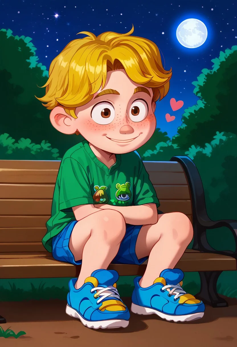 score_9, score_8_up, score_7_up, highly detailed, Enoon54321 Style, cute boy, 1boy, solo, Aaron Mitchell, fair skin, shaggy, blonde hair, brown eyes, freckles. green t-shirt, dinosaurs shirt, blue and yellow strap sneakers, at night, full moon, sitted, bench, embarassed smile, half closed eyes, floating hearts, blushing, park,
Enoon54321 Style, round eyes, exaggerated proportions, cartoonish features, anime-inspired, cute aesthetics, cartoonish proportions, highlights,smooth lines, glossy highlights, minimal detail, clean outlines, consistent line weight, gentle highlights