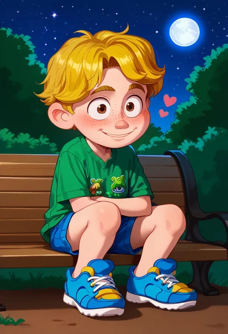 score_9, score_8_up, score_7_up, highly detailed, Enoon54321 Style, cute boy, 1boy, solo, Aaron Mitchell, fair skin, shaggy, blonde hair, brown eyes, freckles. green t-shirt, dinosaurs shirt, blue and yellow strap sneakers, at night, full moon, sitted, bench, embarassed smile, half closed eyes, floating hearts, blushing, park,
Enoon54321 Style, round eyes, exaggerated proportions, cartoonish features, anime-inspired, cute aesthetics, cartoonish proportions, highlights,smooth lines, glossy highlights, minimal detail, clean outlines, consistent line weight, gentle highlights