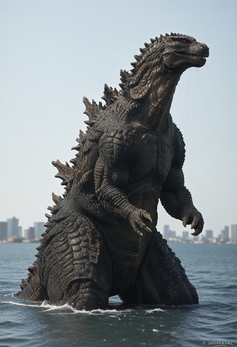 score_9, score_8_up, score_7_up, solo, portrait, from side, 1man, giant dinosaur reptilian monster Godzilla, spines, feral, realistic scales, detailed scale texture, solo, outdoors, out of the ocean, partially submerged, wading through the water, miniature city, building miniatures in the background, solo, full body, solo, extremely detailed, Macro detailed realism style photograph, 3DMM