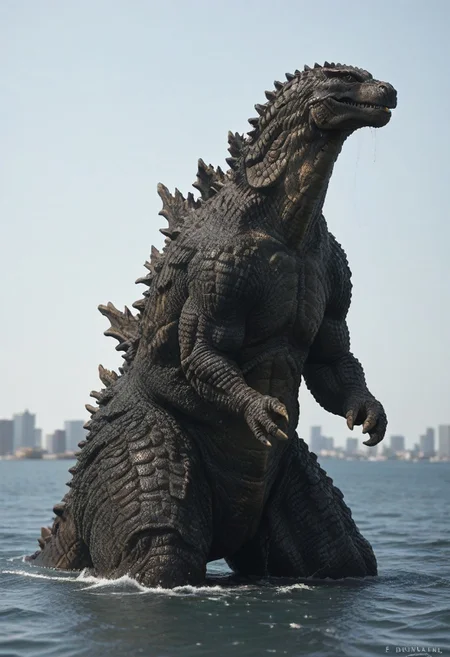 score_9, score_8_up, score_7_up, solo, portrait, from side, 1man, giant dinosaur reptilian monster Godzilla, spines, feral, realistic scales, detailed scale texture, solo, outdoors, out of the ocean, partially submerged, wading through the water, miniature city, building miniatures in the background, solo, full body, solo, extremely detailed, Macro detailed realism style photograph, 3DMM