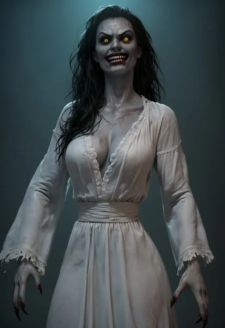 score_9, score_8_up, score_7_up, score_6_up, source_real, source_photo, a 3/4 three-quarters length portrait,very large breasts, white dress, white dress, white dress, white dress, , possessed witch , possessed witch possessed witch possessed witch possessed witch,deep cleavage, valak, veins, black veins, veins, 1girl, valak woman , female deep one, valak, source_real, source_photo, in the style of the Exorcist movie, demonic possession from the exorcist, linda blair in the exorcist, a possessed woman, bloodless lips, valak, Body horror, pale body, yellow eyes, long black hair, grey skin, black veins, monster, scary, paranormal, pale, black veins, long tangled black hair, teeth, hands on hips, front view, very pale skin, very pale grimy filthy skin, evil smile, demonic possession. Evil smile, a possessed woman,, yellow eyes, large breasts, hands by side, floating in mid-air, floating above ground, stained filthy white open old-fashioned stained filthy tattered nightgown, stained filthy old-fashioned nightgown, long nightgown,long sleeves, black pupils, red lighting, bedroom with peeling wallpaper, horror, scary face, monstrous, evil, claws, red lighting, Expressiveh, g0thicPXL, glowing, neon,, zPDXL2, exorcist style