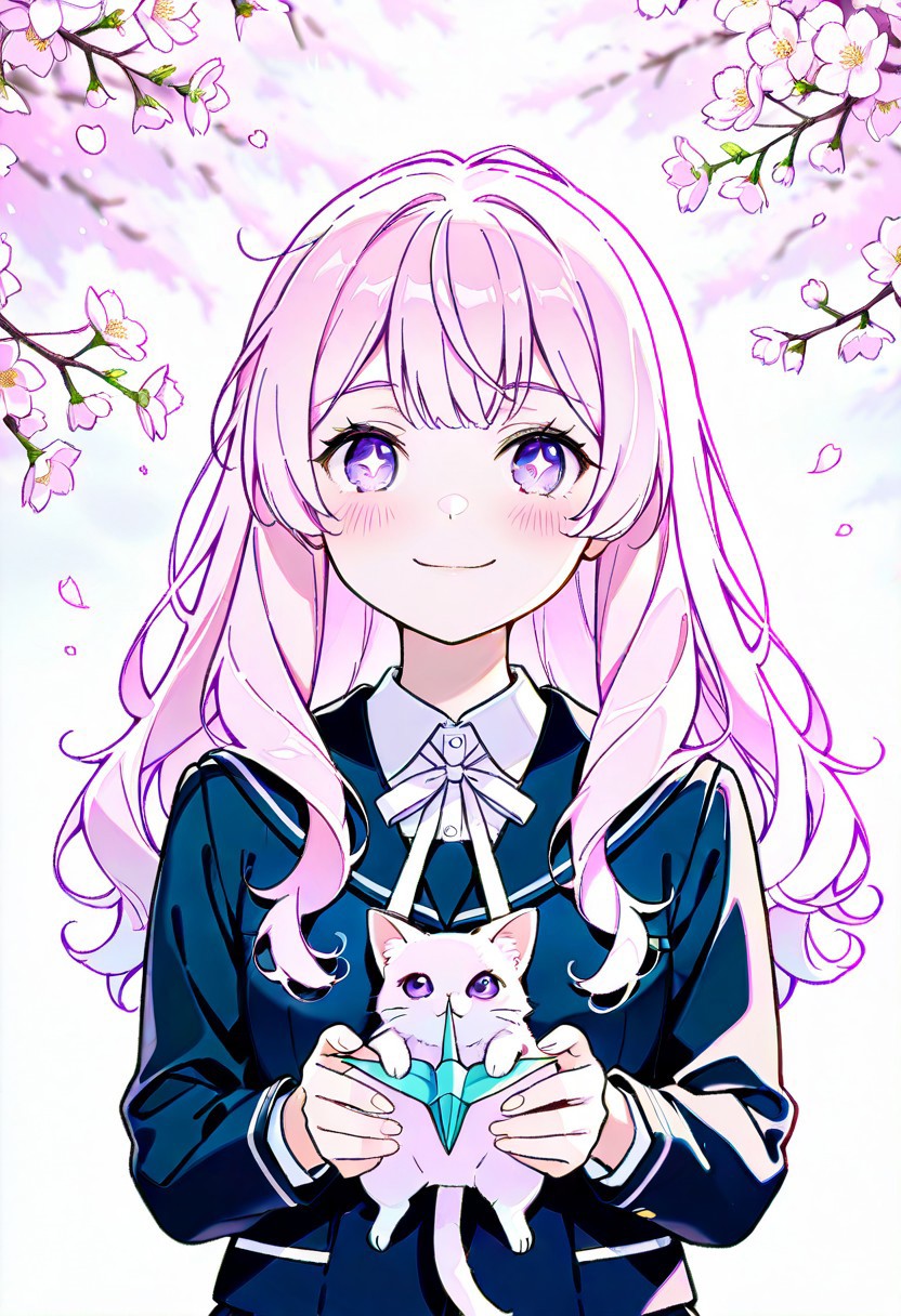 CivChan, purple eyes, sparkling eyes, pink hair, 1girl, holding kitten, blush, slight smile, looking at viewer, [romantic atmosphere], school uniform, white ribbon, long hair, windy hair, cherry blossoms, soft lighting, pastel colors, detailed eyes, warm glow, paper crane, ink splatter, faint heart sparkles, [highres], [depth of field]