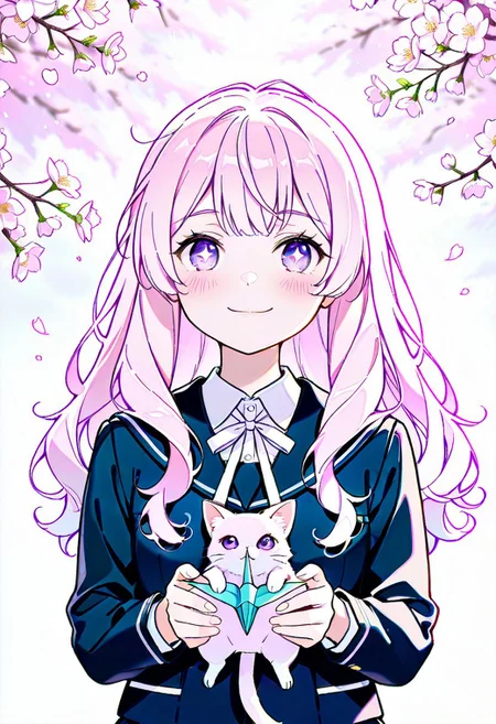 CivChan, purple eyes, sparkling eyes, pink hair, 1girl, holding kitten, blush, slight smile, looking at viewer, [romantic atmosphere], school uniform, white ribbon, long hair, windy hair, cherry blossoms, soft lighting, pastel colors, detailed eyes, warm glow, paper crane, ink splatter, faint heart sparkles, [highres], [depth of field]