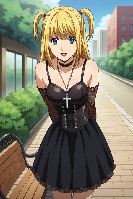 score_9, score_8_up, score_7_up, score_6_up, score_5_up,score_4_up BREAK official style, amane misa, 1girl,solo, cowboy shot, blonde hair, blue eyes, bangs, long hair,red lips,two side up,gothic,dress,black choker,black detached sleeves, cross necklace,black corset,black frilled skirt,gown,ribbon, outdoors, building, brick road, bench, bush,tree,arms behind back,looking at viewer,leaning forward,smile,open mouth, <lora:MisaPony:1>